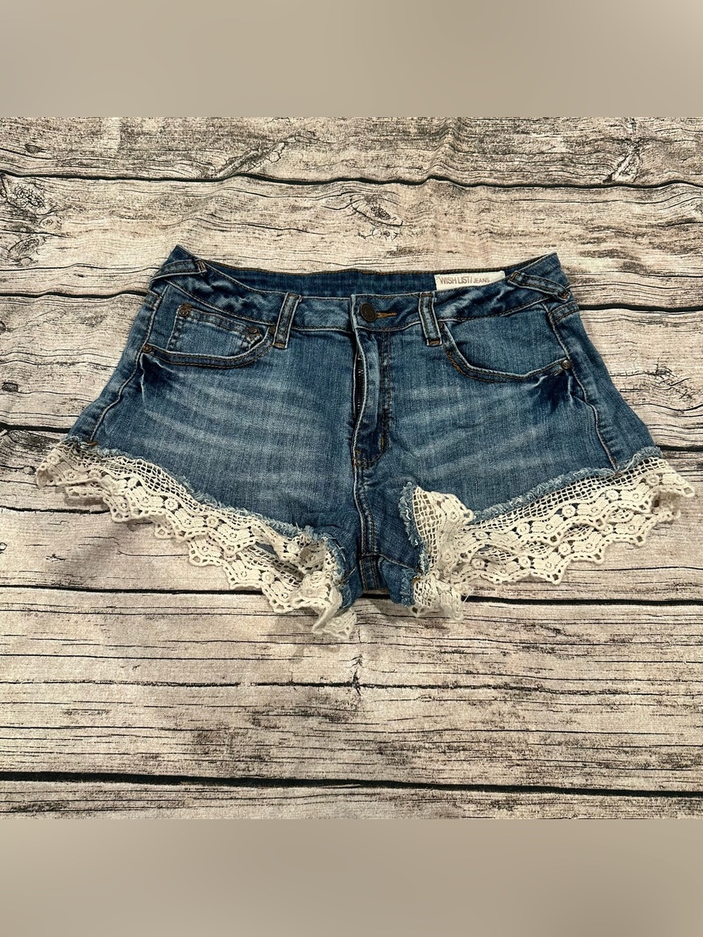 Boho Indie Wish List Short Denim Shorts with Cream Lace Trim Size Medium